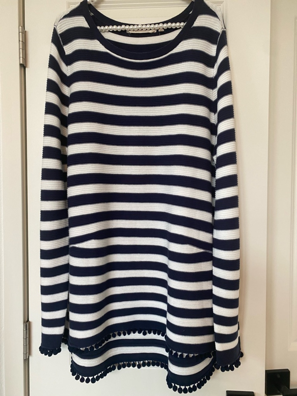 NEW Soft Surroundings sweater womens Size XL nautical Pom pom Striped Navy top